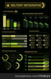 Military infographic template. Budget, expenses and personnel staff charts, diagrams and graphs. Army accountant report figures, numbers, data vector icons and symbols. Military budget infographic template poster