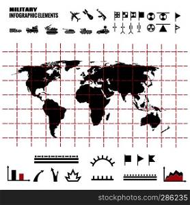 Military infographics elements with world map and icons. Black world map. Vector illustration. Military infographics elements with world map and icons