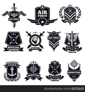 Military logos and badges. Army symbols isolated on white background. Military badge, special force aviation chevron illustration. Military logos and badges. Army symbols isolated on white background