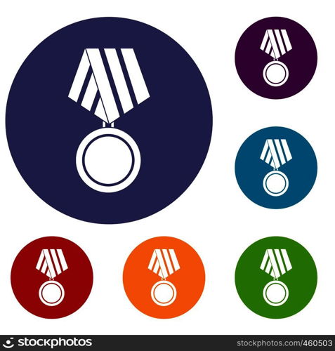 Military medal icons set in flat circle reb, blue and green color for web. Military medal icons set