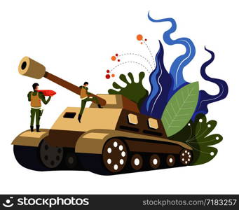 Military men in uniforms standing on tank vector. People defending country from enemies, warriors with rocket protecting land. Armed forces with bulletproof vehicle, leaves and decor foliage. Military men in uniforms standing on tank vector