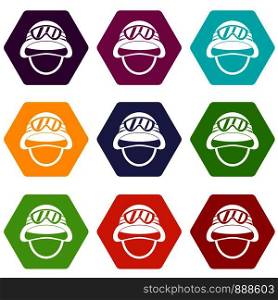 Military metal helmet icon set many color hexahedron isolated on white vector illustration. Military metal helmet icon set color hexahedron
