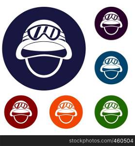 Military metal helmet icons set in flat circle reb, blue and green color for web. Military metal helmet icons set