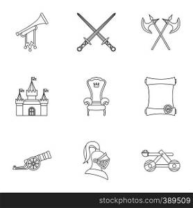 Military middle ages icons set. Outline illustration of 9 military middle ages vector icons for web. Military middle ages icons set, outline style