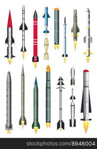 Military Missile Rocket Isolated on White. Vector Illustration. Ballistic Intercontinental Rocket with Nuclear Bomb. Ground-to-air and Air-to-air Missile.