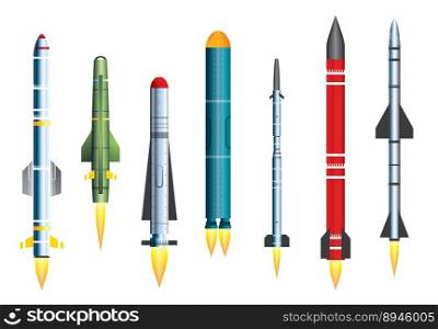 Military Missile Rocket Isolated on White. Vector Illustration. Ballistic Intercontinental Rocket with Nuclear Bomb. Ground-to-air and Air-to-air missile.
