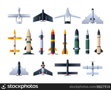 Military missiles and drones. Ballistic rockets with warhead unmanned army aircraft for intelligence, attack and air defense, loitering weapon. Vector set of power antiaircraft military illustration. Military missiles and drones. Ballistic rockets with warhead unmanned army aircraft for intelligence, attack and air defense, loitering weapon. Vector set