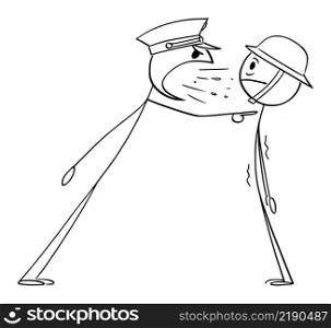 Military or Army officer yelling or shouting on soldier,Person, vector cartoon stick figure or character illustration.. Army Officer Yelling at Soldier, Vector Cartoon Stick Figure Illustration