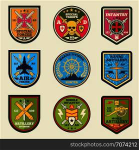 Military patches vector set. Army forces emblems and labels. Military badge and army emblem illustration. Military patches vector set. Army forces emblems and labels