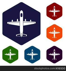 Military plane icons set rhombus in different colors isolated on white background. Military plane icons set