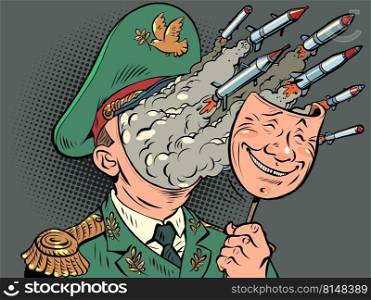 military politician hawk war propaganda, officer with nuclear missiles. Comic cartoon vintage retro hand illustration. military politician hawk war propaganda, officer with nuclear missiles