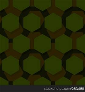 Military polygonal seamless pattern. Army abstract hexagon texture. Protective ornament for soldiers. Green soldiery background. war khaki for hunters and troops