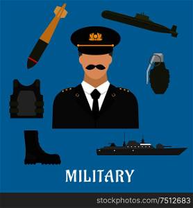 Military profession flat icons with moustached man in uniform, encircled by body armor, army boots, hand grenade, submarine, combat ship and torpedo. Military profession and navy flat icons