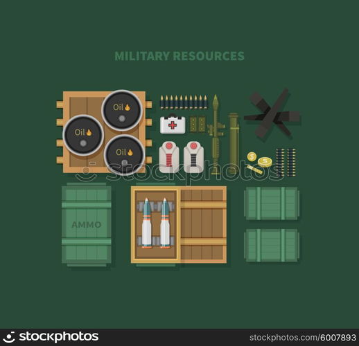 Military resources flat design . War and ammunition, army and bullet, ammo weapon, inventory gun, oil barrel, rocket and bazooka, automatic and launcher illustration