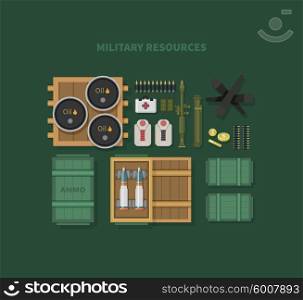 Military resources flat design . War and ammunition, army and bullet, ammo weapon, inventory gun, oil barrel, rocket and bazooka, automatic and launcher illustration