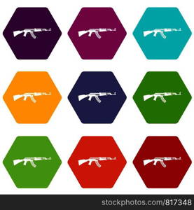 Military rifle icon set many color hexahedron isolated on white vector illustration. Military rifle icon set color hexahedron