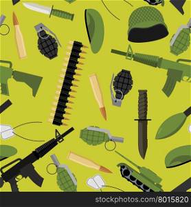 Military seamless pattern. Army background objects. Weapons and ammunition texture. Tank and automatic. Hand grenade and soldiers badge. Military protective helmet and green beret. Army knife and ammunition belt.