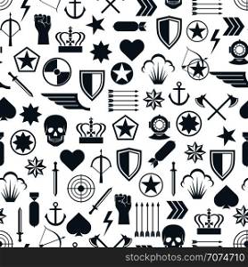 Military seamless pattern with flat army elements. Military background, vector illustration. Military seamless pattern with flat army elements