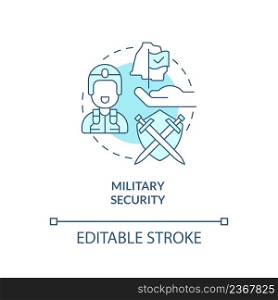 Military security turquoise concept icon. Armed forces. Element of national safety abstract idea thin line illustration. Isolated outline drawing. Editable stroke. Arial, Myriad Pro-Bold fonts used. Military security turquoise concept icon