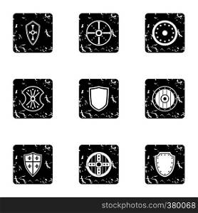 Military shield icons set. Grunge illustration of 9 military shield vector icons for web. Military shield icons set, grunge style
