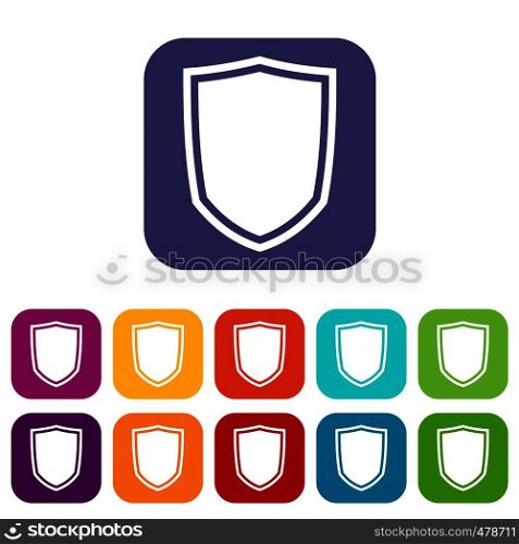 Military shield icons set vector illustration in flat style in colors red, blue, green, and other. Military shield icons set