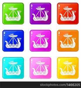 Military ship icons set 9 color collection isolated on white for any design. Military ship icons set 9 color collection