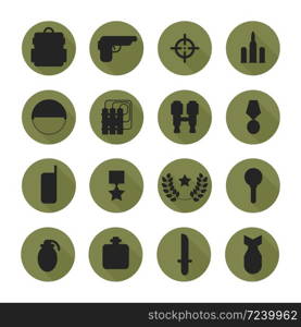 Military silhouette pictogram and war icons set with long shadow. Army design elements. Illustration in flat style.