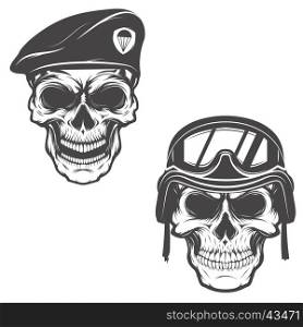military skulls. Skull in paratrooper beret. Skull in soldier helmet. Design element for logo, label, emblem, sign, brand mark, poster, t-shirt print. Vector illustration.