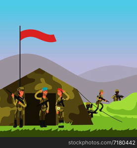 Military soldiers training vector illustration. Cartoon soldiers, tent on landscape. Military vector illustration. Cartoon soldiers, tent and landscape
