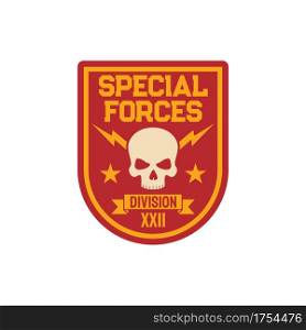 Military squad patch on uniform with dead officer skull isolated. Vector special division trooper badge on uniform. Air, maritime, naval forces squad chevron emblem. Infantry troops seal. Special forces division, squad military chevron