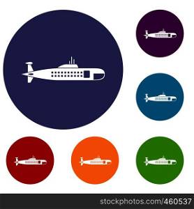 Military submarine icons set in flat circle reb, blue and green color for web. Military submarine icons set