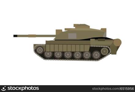 Military Tank Isolated. Armoured Fighting Vehicle. Military tank isolated on white. Armoured fighting vehicle designed for front-line combat, with heavy firepower, strong armour, tracks providing good battlefield manoeuvrability. Vector in flat style