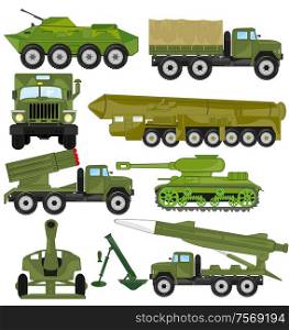 Military technology and weapon on white background is insulated. Vector illustration of the weapon and transport facilities for army