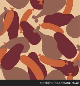 Military texture of silhouettes meat delicacies. Camouflage army seamless pattern from sausages, ham and steak. Soldiers seamless background.