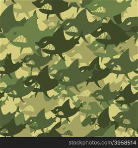 Military texture shark. Soldiers protective camouflage fish. Seamless background of Army Green and Brown scary marine predator.