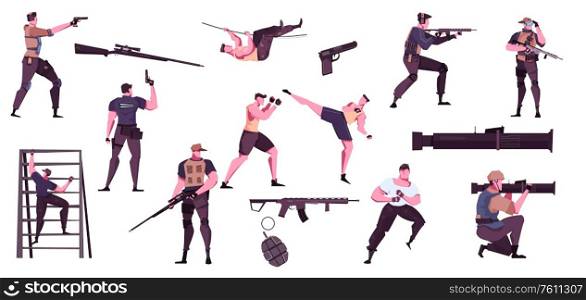 Military training flat set of adult men training with weapon wrestling in ring or doing climbing exercises outdoor vector illustration