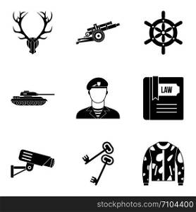 Military training icons set. Simple set of 9 military training vector icons for web isolated on white background. Military training icons set, simple style