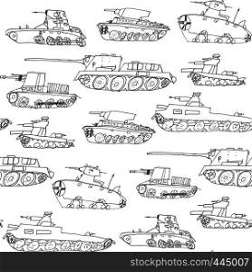 Military transport pattern with a different tanks model. Hand draw seamless army texture with vehicle sketch