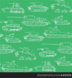 Military transport pattern with a different tanks model. Hand draw seamless army texture with vehicle sketch
