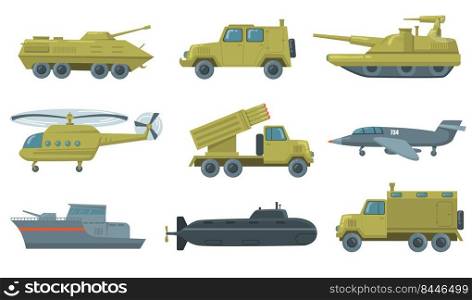 Military transport set. Airforce jet, submarine, helicopter, truck, armored tank isolated on white background. Vector illustrations for army vehicles, weapon, force concept