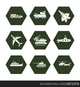 Military transportation icons set - army icons design. Army transport for war, vector illustration. Military transportation icons set - army icons design