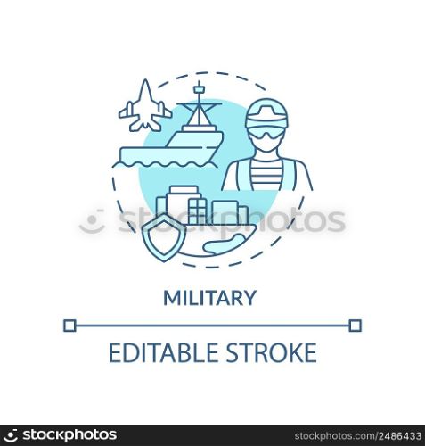 Military turquoise concept icon. Armed forces. State defence. Social institution abstract idea thin line illustration. Isolated outline drawing. Editable stroke. Arial, Myriad Pro-Bold fonts used. Military turquoise concept icon