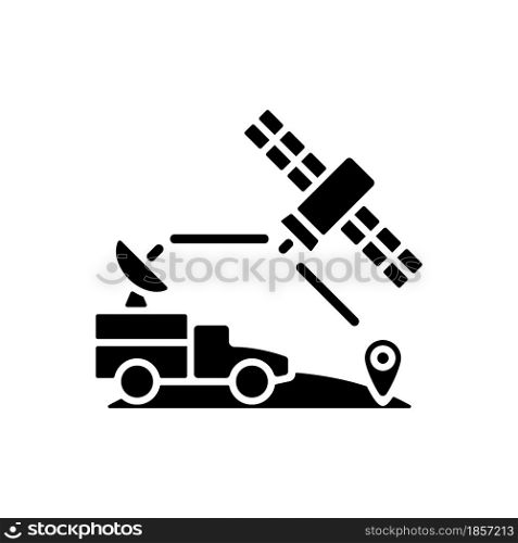 Military use of satellites black glyph icon. Signal receiving dish satelite. Military communication, information transmitting. Silhouette symbol on white space. Vector isolated illustration. Military use of satellites black glyph icon