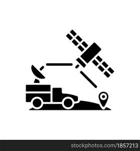 Military use of satellites black glyph icon. Signal receiving dish satelite. Military communication, information transmitting. Silhouette symbol on white space. Vector isolated illustration. Military use of satellites black glyph icon