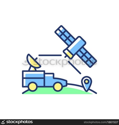 Military use of satellites blue, green RGB color icon. Signal receiving dish satelite. Thin line customizable illustration. Isolated vector illustration. Simple filled line drawing. Military use of satellites blue, green RGB color icon