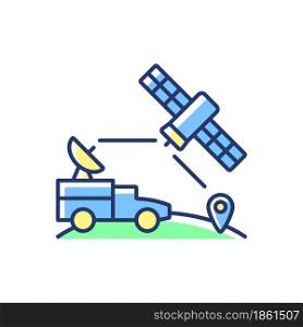 Military use of satellites blue, green RGB color icon. Signal receiving dish satelite. Thin line customizable illustration. Isolated vector illustration. Simple filled line drawing. Military use of satellites blue, green RGB color icon
