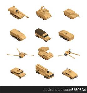 Military Vehicles Isometric Icon Set. Military vehicles isometric icon set in beige tones for warfare and training in the army vector illustration