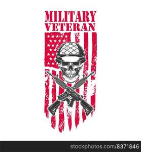 Military veteran. Skull in army helmet with crossed assault rifles on american flag background. Design element for logo, label, sign, emblem. Vector illustration