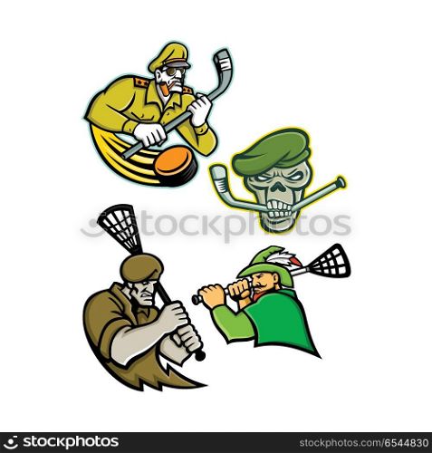 Military Warriors Lacrosse and Ice Hockey Mascot Collection. Mascot icon illustration set of lacrosse and ice hockey military and warrior mascots of an army general, green beret skull, green archer and commando special forces on isolated background in retro style.. Military Warriors Lacrosse and Ice Hockey Mascot Collection