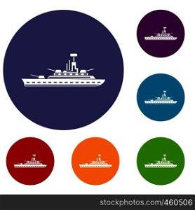 Military warship icons set in flat circle reb, blue and green color for web. Military warship icons set